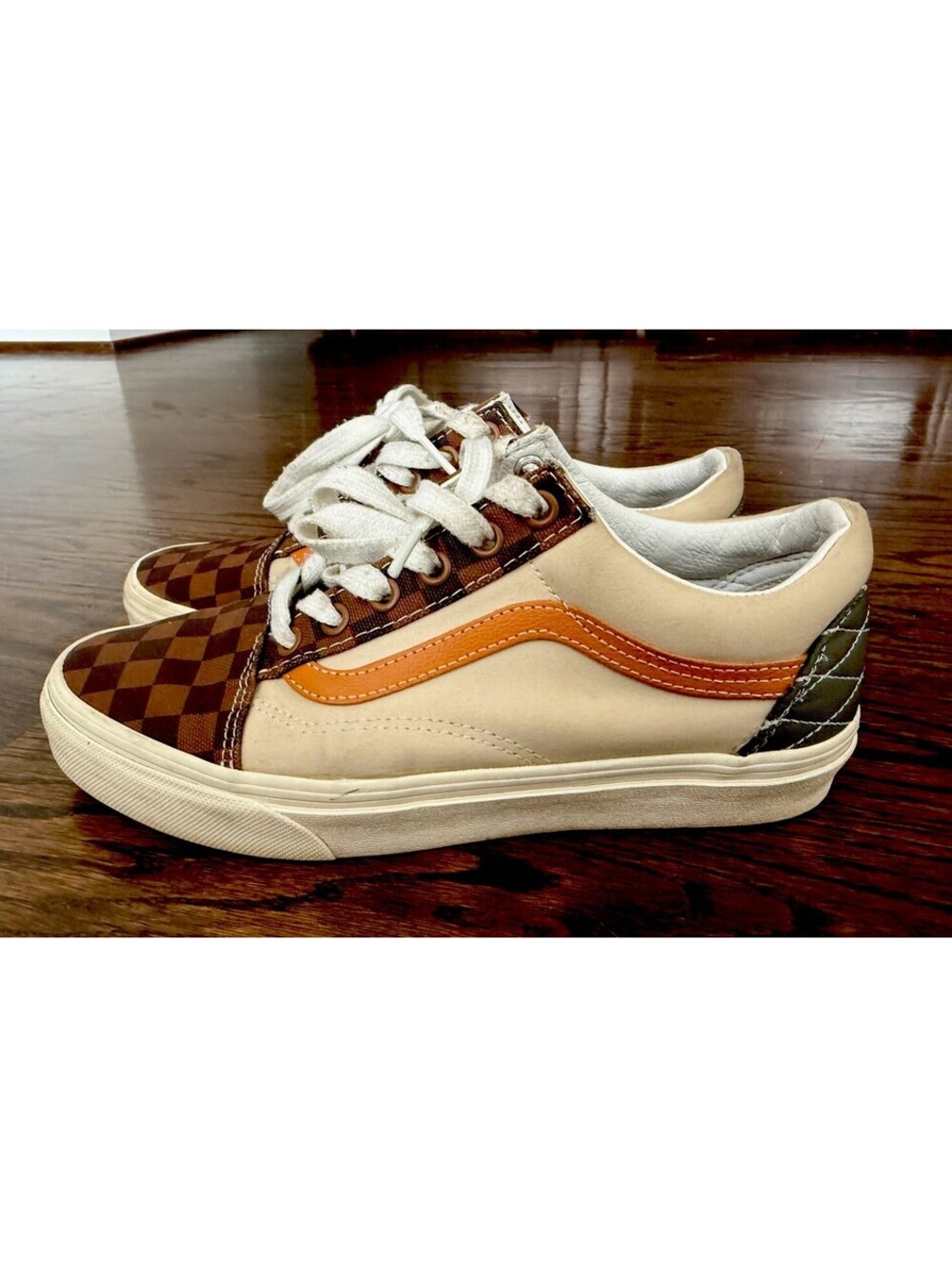 Vans Old Skool Mixed Utility Checkerboard Brown Cream Orange Shoes M 6 W 7.5